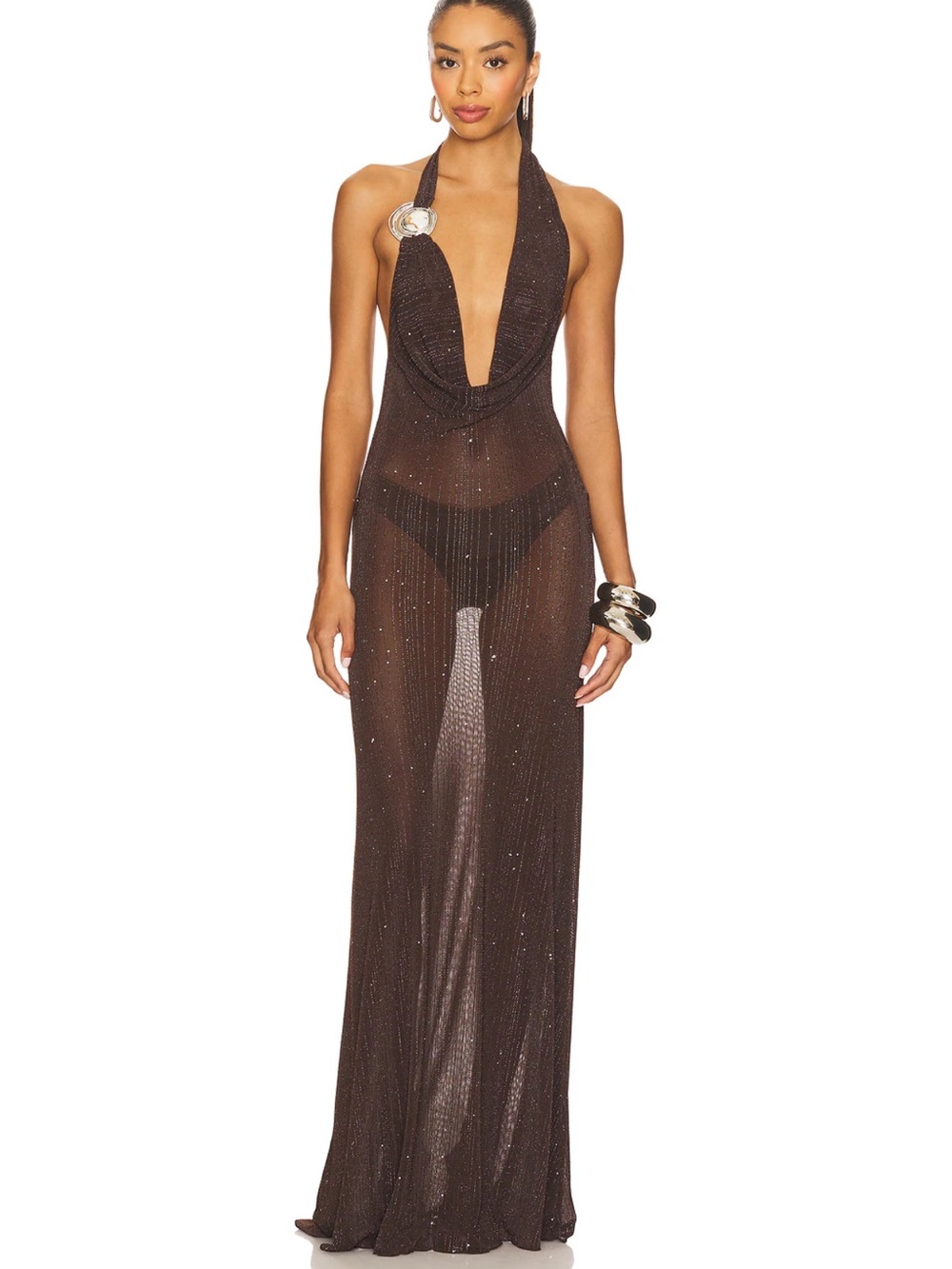 Jaded london Knitted Trim Plunge Dress in Brown